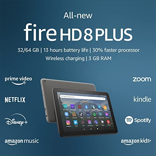 All-new Amazon Fire HD 8 Plus tablet, 8” HD Display, 32 GB, 30% faster processor, 3GB RAM, wireless charging, (2022 release), Gray, without lockscreen ads