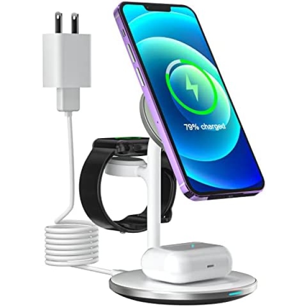 Aluminium Alloy 3 in 1 Magnetic Wireless Charging Station for Multiple Devices,15W Fast Wireless Charger Compatible with Magsafe for iPhone 14/13/12 Pro Max,iWatch 7/6/SE/5/4/3,Airpods Pro/3 (White)