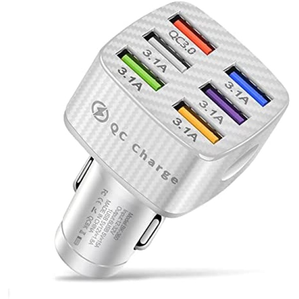 Amiss Car Charger Adapter, 6 USB Multi Port, Fast Charger, Include QC 3.0 and 5 Other Ports, Car Interior Accessories, Fit for iPhone 13/12/11/pro, Samsung Galaxy/Note S10/S9/S8, Android - White