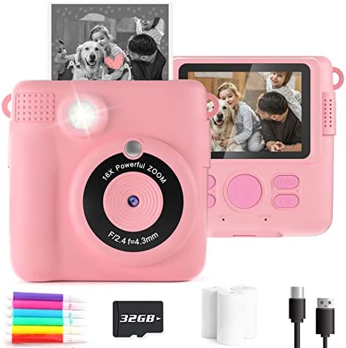 Anchioo Instant Print Camera Toys for Toddlers Age 3-8,Boys and Girls Birthday Gifts with 1080P HD Video Recording,Kids Selfie Digital Camera Electronic Travel Game with Photo Paper 6 Color Pens,Pink