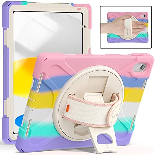 BATYUE Case for iPad 10th Generation 10.9 inch 2022, Protective Rugged Kids Case with Pencil Holder, Screen Protector, Shoulder Strap, Hand Strap, Kickstand, for Apple iPad 10th Gen (Colourful Pink)