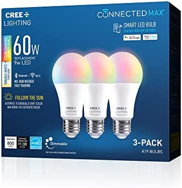 Cree Lighting Connected Max Smart Led Bulb A19 60W Tunable White + Color Changing, 2.4 Ghz, Compatible with Alexa and Google Home, No Hub Required, Bluetooth + WiFi, 3Pk (CMA19-60W-AL-9ACK-B3)