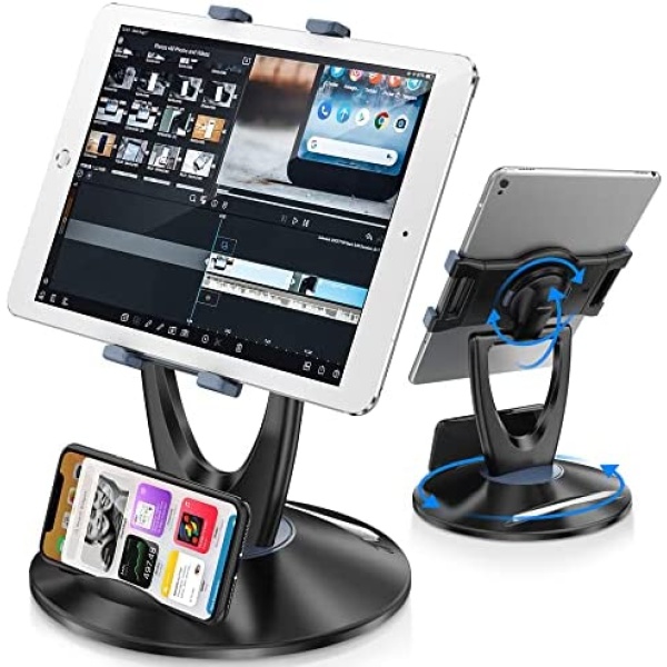 DeskLogics iPad Tablet Stand Holder for Desk - 6 inch to 13 inch - Stable, Sturdy, Adjustable - 360° Swivel Angle Pen Phone iPad Stand for Store, Retail Kiosk, Reception, Home Office - Black