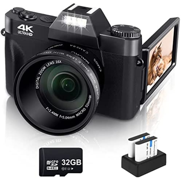 Digital Camera for Photograohy and Video VJIANGER 4K 48MP Vlogging Camera for YouTube with 180° Flip Screen, 16X Digital Zoom, 52mm Wide Angle & Macro Lens, 2 Batteries and 32GB TF Card(W01-1 Black2)