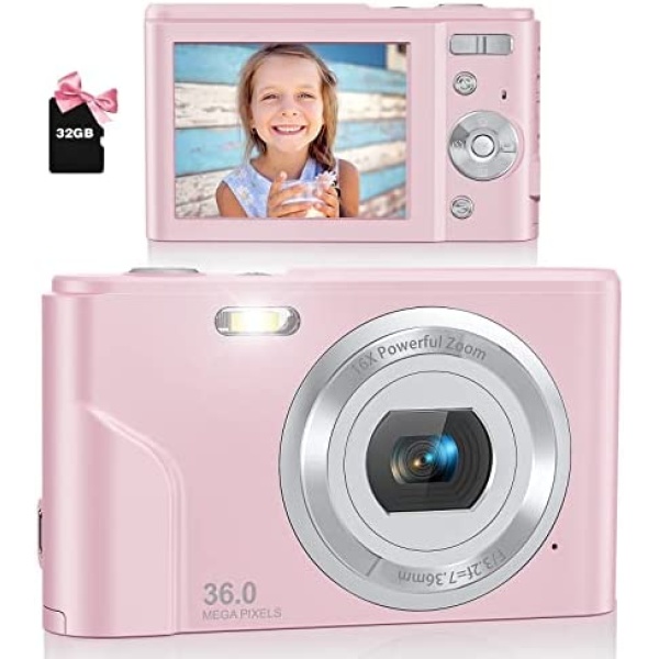 Digital Camera with 32GB SD Card, Lecran Kids Camera FHD 1080P 36.0 Mega Pixels Vlogging Camera with 16X Digital Zoom, LCD Screen, Compact Portable Mini Cameras for Kids, Teens, Students (Pink)