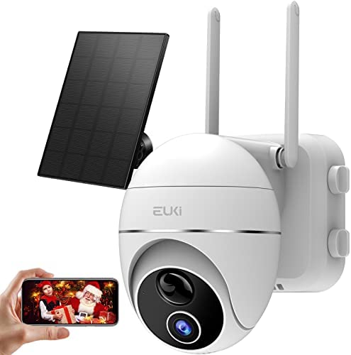 EUKI Security Camera Outdoor, 1080P Wireless WiFi 360° PTZ Camera, Solar Security Camera Battery Powered, Home Surveillance Camera with Spotlight & Siren/Motion Detection/3MP Color Night Vision/IP66