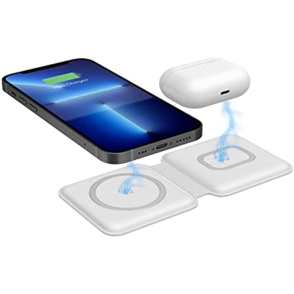 Foldable Magnetic 2 in 1 Wireless Charger Compatible with Airpods 2/3/Pro, Leather Dual Wireless Charging Pad for iPhone 13 Pro Max/Mini/12/11/XS Max/XR/X/8 Samsung S22/Note for Travel(White)