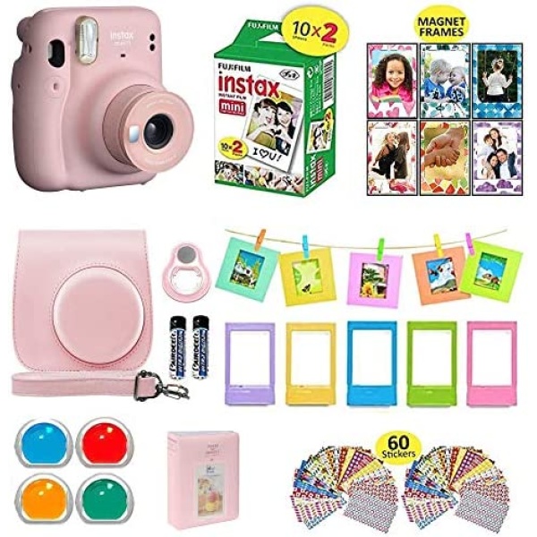 Fujifilm Instax Mini 11 Instant Camera Blush Pink + Shutter Compatible Carrying Case + Fuji Film Value Pack (20 Sheets) + Shutter Accessories Bundle, Color Filters, Photo Album, Assorted Frames