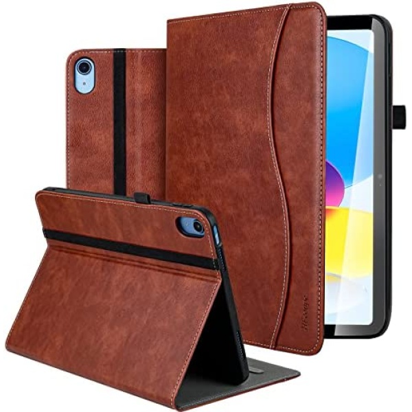 HFcoupe iPad 10.9 10th Generation Case with Pocket, Multiple Angles Viewing Protective Folio Cover with Auto Sleep Wake for iPad 10.9 inch 2022 Only, Brown