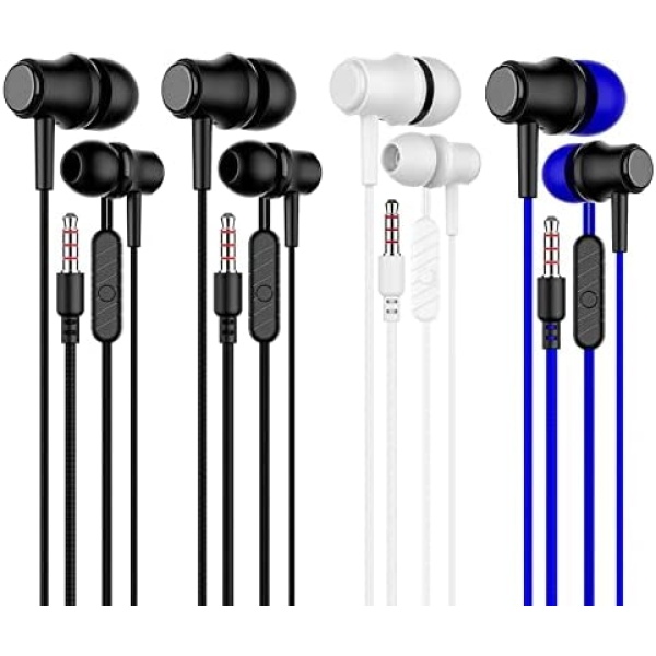 Headphones in-Ear Earphones 4 Packs, Wired Earbuds Earphones for MP3 MP4 iPod iPhone Samsung with Round Headphone Plug 4 Packs (1*Blue, 2*Black, 1*White)