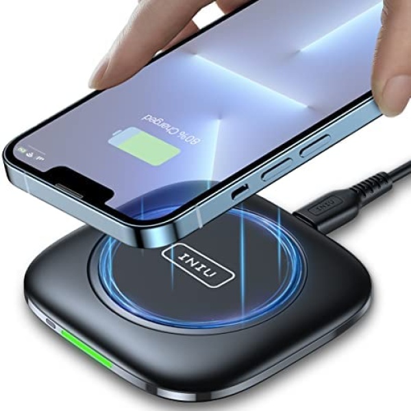 INIU Wireless Charger, 15W Qi-Certified Fast Wireless Charging Pad with First-Seen Smart Adaptive Indicator Stand for iPhone 14 12 11 Pro Max XR XS X 8 Plus Samsung S20 S10 Note20 AirPods LG Google
