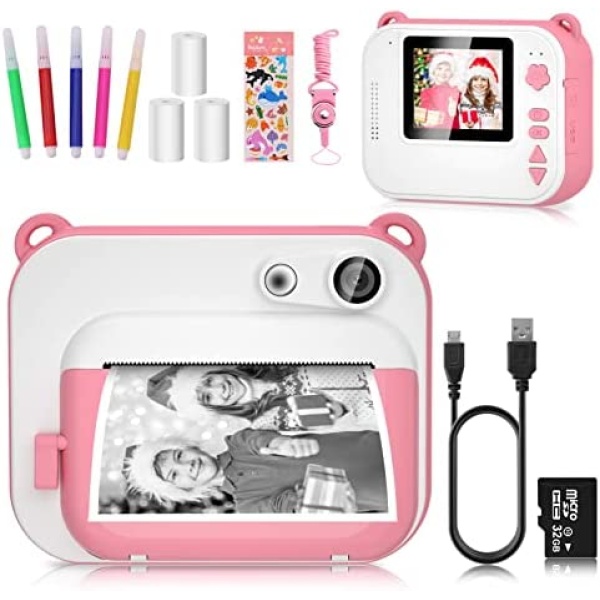 Kids Instant Camera for 3-12 Years Old Kids Toddlers Childrens Boys Girls Christmas Birthday Gifts 2.0 Inch Screen 12MP / 1080P HD Video Camera Baby Instant Print Digital Camera (Pink-White)