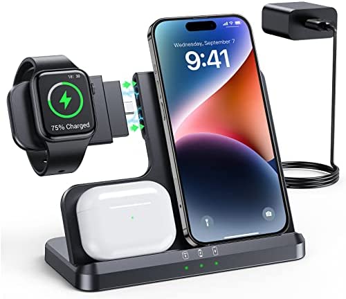 LK Wireless Charger, Charging Station for iPhone 3 in 1 Wireless Charging Stand Docking for Apple Watch Ultra/8/SE/7/6/5/4, iPhone 14/13/12/11 Pro Max/XR/XS/8, AirPods Pro/3/2,