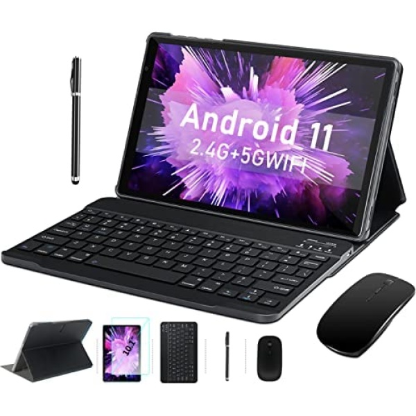MEBERRY Updated Android 11.0 Tablet : 10.1-inch Ultra-Fast 4GB/RAM,64GB/ROM Tablets-8000mAh Battery-2.4G+5G WiFi Support - Bluetooth Keyboard | Mouse | M7 Tablet Cover and More Include - Metal Gray