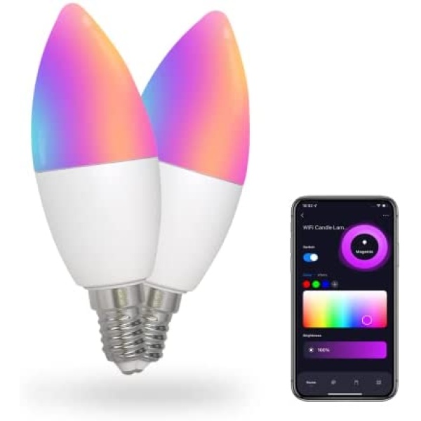 MoesGo Smart Candelabra Led Light Bulbs, WiFi E12 Smart Bulbs, 2700K-6500K CW& RGB Dimmable, Smart Life/Tuya APP Remote Control, Work with Alexa/Google Home, 470lm 5W (40W Equivalent) 2 Pack No Hub