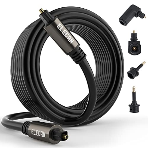 Optical Audio Cable 50 Feet-Elecan Digital Audio Cable Toslink Cable Cord-Fiber Optic-Gold Plated-Flexiable&Durable-for Home Theater,Sound Bar,PS4& Xbox-with 4 Right Angled and Mini Toslink Adapters