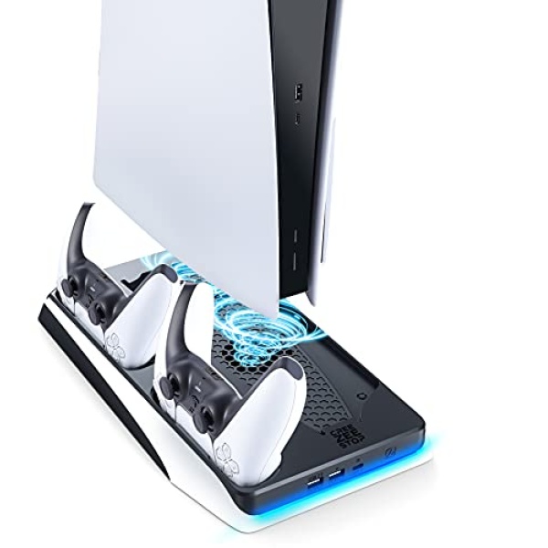 PS5 Stand, CreeZeeStop Vertical Stand with Cooler Fans for PS5 Disc & Digital Editions, with Dual Controller Charger and 12 Games Slots, USB C and 2 USB Ports (USB C Cable Included)