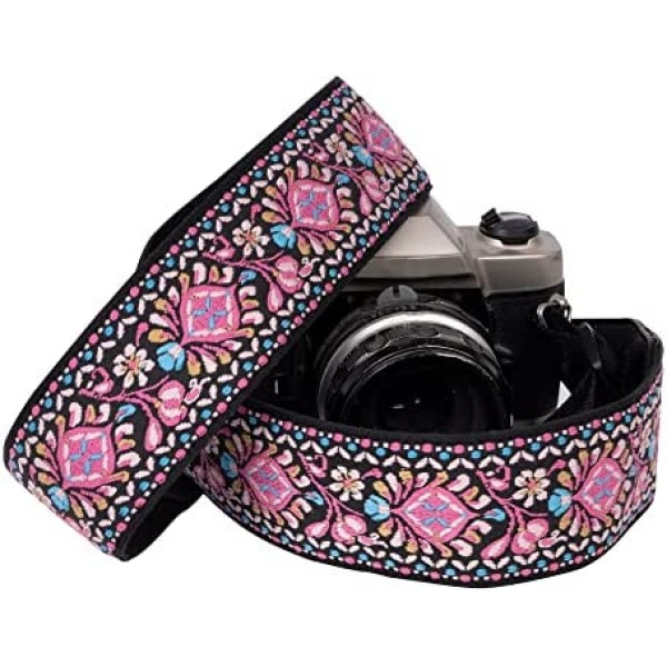 Pink Woven Camera Strap For All DSLR Camera, Embroidered Elegant Universal Neck & Shoulder Strap, Floral Pattern. Cool Gift for Photographers