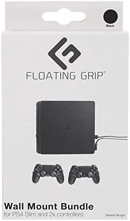 Playstation 4 Slim Wall Mount Kit by FLOATING GRIP - Mounting Kit for Hanging PS4 Slim Gaming Console & 2 Controllers - Strong & Slim Ropes - Effective Ventilation, Easy-to-Install (Bundle, Black)