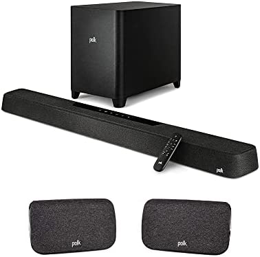 Polk MagniFi Max AX 5.1.2 Channel Sound Bar with 10" Wireless Subwoofer (2022 Model) + Polk SR2 Wireless Surround Sound Speakers for Select Polk React and Polk Magnifi Sound Bars