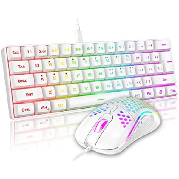 RedThunder 60% Gaming Keyboard and Mouse Combo, Ultra-Compact 61 Keys RGB Backlit Mini Keyboard, Lightweight 7200 DPI Honeycomb Optical Mouse, RGB Wired Gaming Set for PC MAC PS5 Xbox Gamer(White)