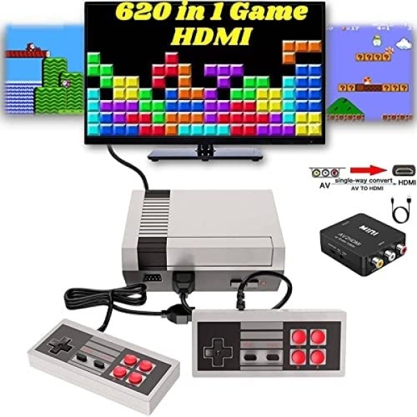 Retro Game Console,Classic NES Game System Built in 620 Games and 2 NES Classic Controllers,AV and HDMI HD Output Plug and Play Video Games for Kids and Adult