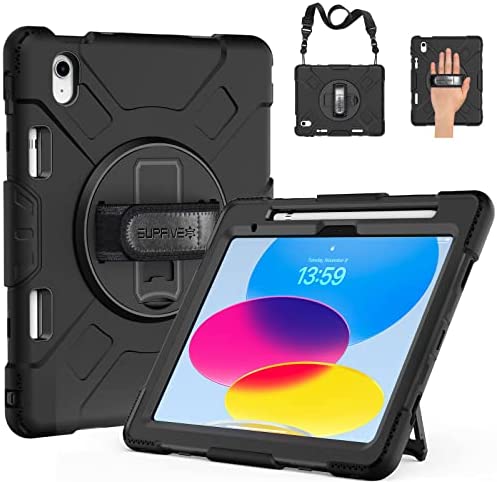 SUPFIVES iPad 10th Generation Case 2022, Upgraded Military Grade Heavy Duty Silicone Protector iPad 10th Gen 10.9 inch 2022 Cover Pencil Holder+ Rotating Stand+ Handle+ Shoulder Strap(Black)