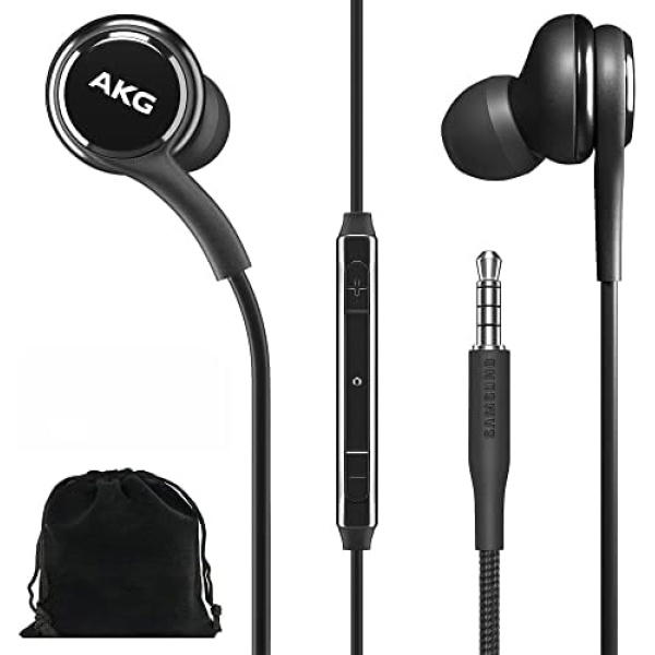 Samsung AKG Earbuds Original 3.5mm in-Ear Earbud Headphones with Remote & Mic for Galaxy A71, A31, Galaxy S10, S10e, Note 10, Note 10+, S10 Plus, S9 - Braided, Includes Velvet Carrying Pouch - Black