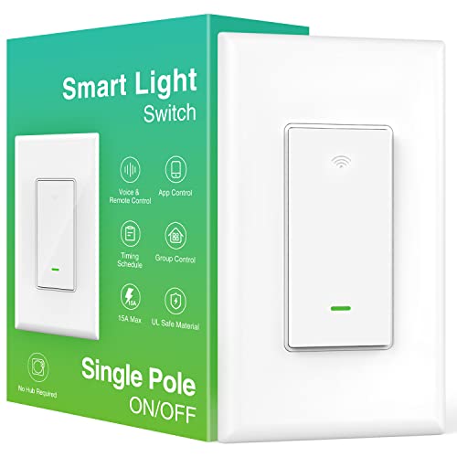 Smart Light Switch, 2.4Ghz Wi-Fi Light Switch Works with Alexa, Google Assistant, Single-Pole,Neutral Wire Required,UL Certified,Remote/Voice Control and Schedule,1 Pack, No Hub Required,White