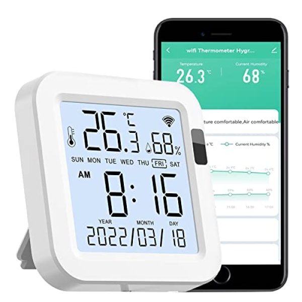 WiFi Temperature Humidity Monitor: Upgraded Smart Temperature and Humidity Sensor with Large Backlit LCD Screen & App Alerts, Indoor Thermometer Hygrometer Compatible with Alexa Google Assistant