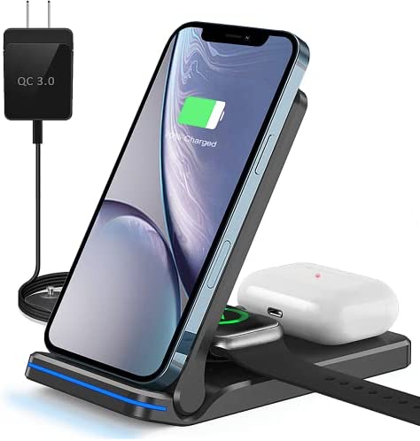 Wireless Charger, 3 in 1 15W Fast Charging Dock Stand for iPhone 14/13/12/11/Pro Max/XS/XR/X/8 Plus/8, Compatible with Apple Watch Series and AirPods 3/2/Pro with 18W Adapter（Black）