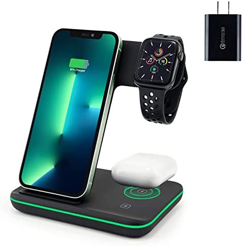 Wireless Charger, 3 in 1 Qi Certified 15W Fast Wireless Charging Station for Apple iWatch Series,AirPods 2/Pro, Compatible for iPhone 14/13/12/11 Series/XS MAX/XR/XS/X/8/8 Plus (Black)