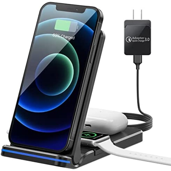 Wireless Charger 3 in 1 Wireless Charging Station Qi Fast Charger Stand for iPhone 13/12/11/Pro/Max/XR/XS/XS Max/X /8/8 Plus, Apple Watch, Airpods 2/Pro, Samsung Galaxy Phone with 18W Adapter, Black