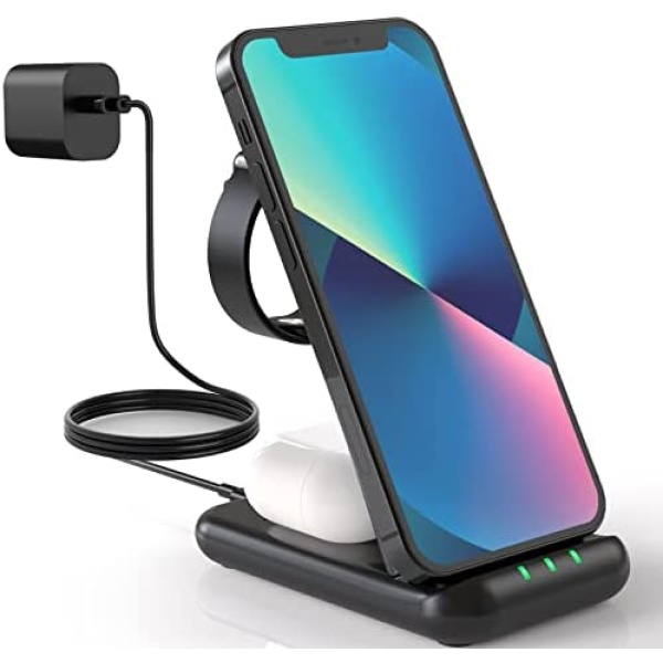 Wireless Charging Station, 3 in 1 Wireless Charger for iPhone 14/13/12/11/Pro/Max/Mini, Foldable Fast Wireless Charging Stand Dock for Apple Watch Series/Airpod 3/pro/2 - Black (with 18W Adapter)