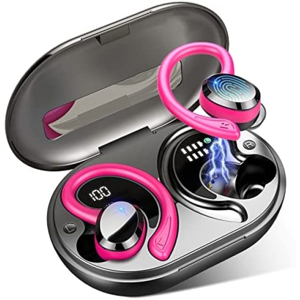 Wireless Earbud, Sport Bluetooth 5.3 Earbud with Earhook Wireless Earphones in-Ear with Immersive Sound, Bluetooth Headphones IP7 Waterproof, Dual LED Display, 48H Playtime, Noise Cancelling, Rose Red