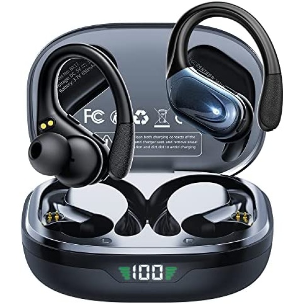 Wireless Earbuds, 75H Playtime Bluetooth Earbuds Built in Noise Cancellation Mic, Bluetooth Headphones with Charging Case and LED Display, Sport Hearphones with Earhooks Stereo Wireless Headphones