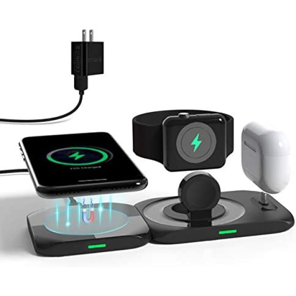 Wireless Magnetic Charging Station 4 in 1, Mag-Safe Charger Compatible for iPhone 14/13/12/11, Fast Charge Pad Compatible for Apple Watch Ultra/8/7/SE2/Airpods 1 2/ Pro1 2(QC 3.0 Adapter)