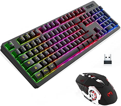 Wireless RGB Gaming Keyboard and Mouse - Rechargeable RGB Backlit Keyboard Mouse Long Battery Life,Mechanical Feel Gaming Keyboard with 7 Color Wireless Gaming Mouse for PC Game and Work