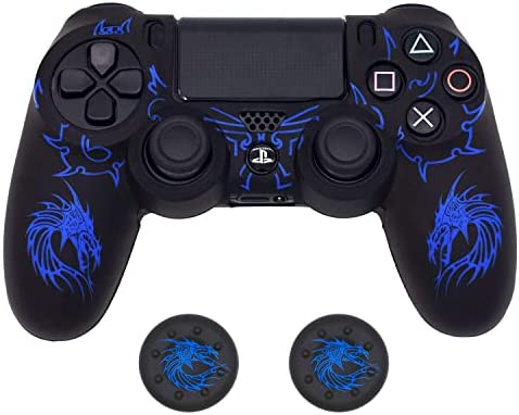 Controller Skin for PS4, BRHE Anti-Slip Grip Silicone Cover Protector Case Compatible with PS4 Slim/PS4 Pro Wireless/Wired Gamepad Controller with 2 Dragon Carving Thumb Grip Caps