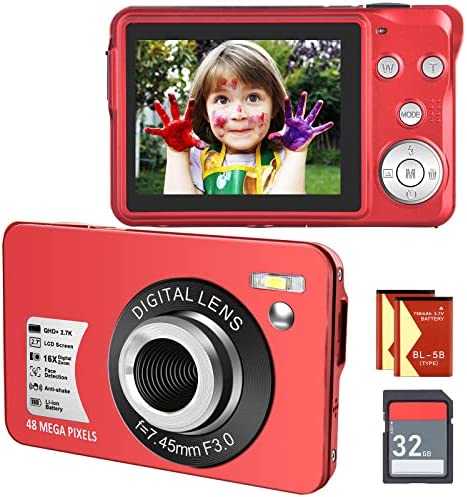 Digital Camera, Kids Camera for Teens Boys and Girls, 48MP 2.7K Digital Camera with 16X Digital Zoom, 32 GB SD Card and 2 Batteries Included (Red)