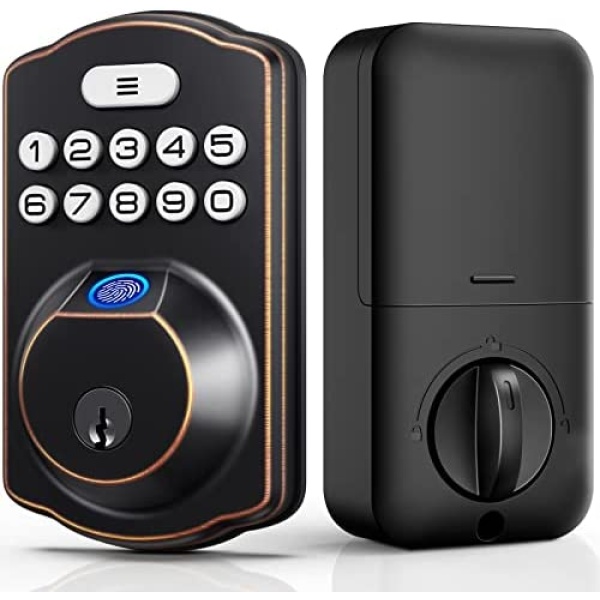 Fingerprint Door Lock, Veise Keyless Entry Door Lock, Electronic Keypad Deadbolt with Keys, Biometric Smart Locks for Front Door, Auto Lock, Anti-Peeking Password, Easy Installation, Oil Rubbed Bronze