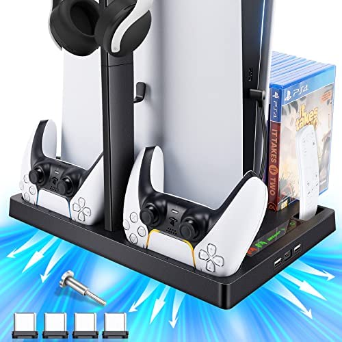 PS5 Stand with Cooling Station&Controller Charging Station, SIKEMAY PS5 Vertical Stand or PS5 Console with Headset Holder, 15 Game Slots and Suction Cooling Fans
