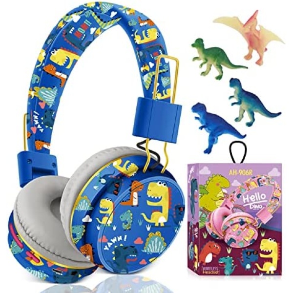 QearFun Dinosaur Headphones for Boys Kids for School, Kids Bluetooth Headphones with Microphone & 3.5mm Jack, Teens Toddlers Wireless Headphones with Adjustable Headband for Tablet/PC (Blue)