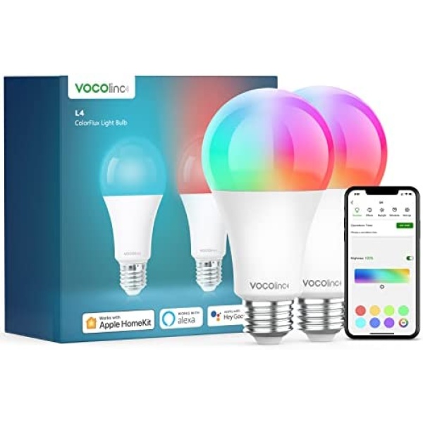 VOCOlinc Homekit Light Bulb Works with Alexa, Apple Home, Google Assistant, 850 Lumens Dimmable WiFi Smart Light Bulbs, 60 Watts, Multicolor LED Smart Bulb Homekit, A21, 2200K-7000K RGBW, 9.5W, 2 Pack