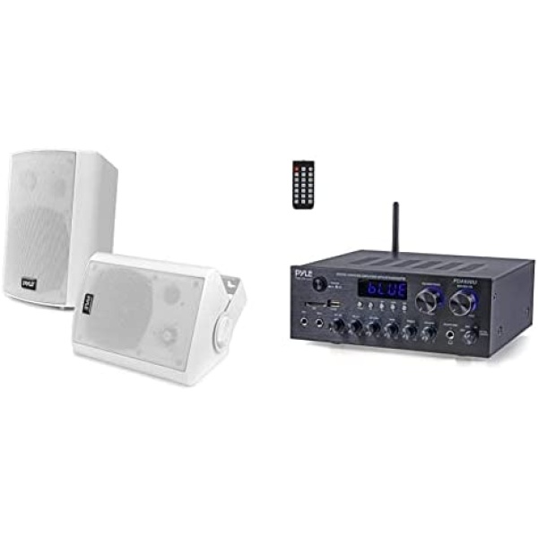 Wall Mount Home Speaker System- Pyle PDWR51BTWT (White) & Bluetooth Home Audio Amplifier Receiver Stereo 300W Dual Channel Sound Audio System w/MP3- PDA69BU