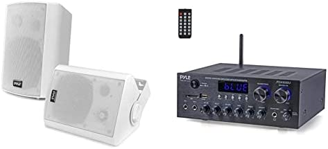 Wall Mount Home Speaker System- Pyle PDWR51BTWT (White) & Bluetooth Home Audio Amplifier Receiver Stereo 300W Dual Channel Sound Audio System w/MP3- PDA69BU