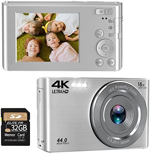 Digital Camera, FHD 4K Digital Camera for Kids & Adult, 44MP Vlogging Cameras for Photography, Small Compact Point and Shoot Digital Camera with 32GB SD Card for Beginners,Kids and Teens-Silver