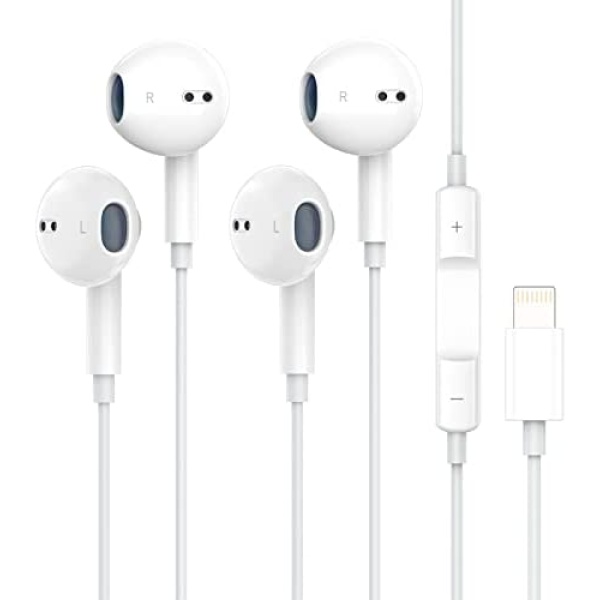 2 Pack Apple Earbuds with Lightning Connector [Apple MFi Certified] Wired Earphones (Built-in Microphone & Volume Control) Noise Canceling Isolating Headphones for iPhone 14/13/12/11/SE/X/XR/XS/8/7