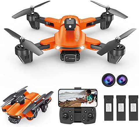 2023 Foldable Drone With 4K 2 Camera For Adults/Kids/Beginners,HD FPV Live Video,3 Batteries 45Mins Flight Time,Altitude Hold,Trajectory Flight,3D Flips,Four Directions of Obstacle Avoidance,Gesture Control,Follow Me Mode(F184-orange)