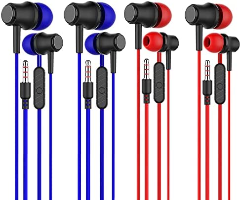 4 Packs in-Ear 3.5mm Wired Earphone with Microphone, Noise Isolating Earbuds for iOS and Android Smartphones(Red+Blue)